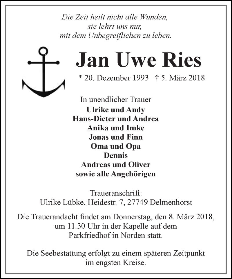  Traueranzeige für Jan Uwe Ries vom 07.03.2018 aus 
