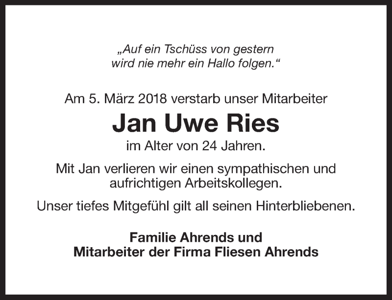  Traueranzeige für Jan Uwe Ries vom 09.03.2018 aus 