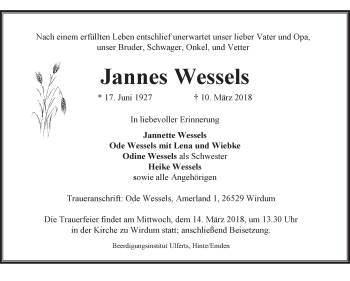 Traueranzeige von Jannes Wessels 