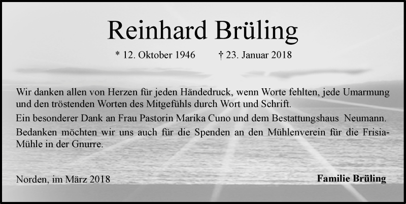  Traueranzeige für Reinhard Brüling vom 10.03.2018 aus 