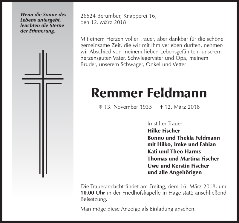  Traueranzeige für Remmer Feldmann vom 14.03.2018 aus 