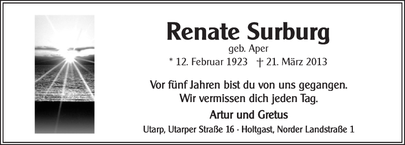  Traueranzeige für Renate Surburg vom 21.03.2018 aus 