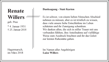 Traueranzeige von Renate Willers 