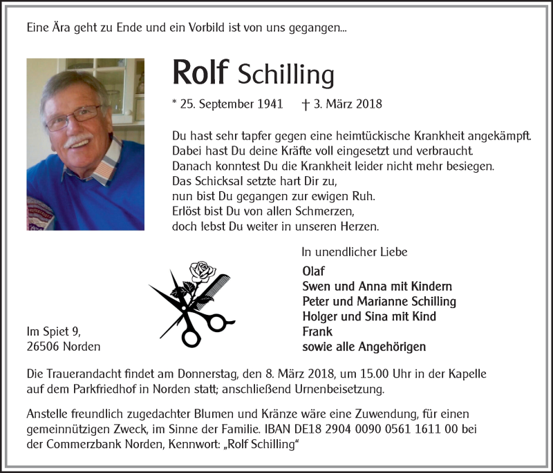  Traueranzeige für Rolf Schilling vom 05.03.2018 aus 