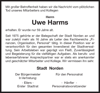 Traueranzeige von Uwe Harms 