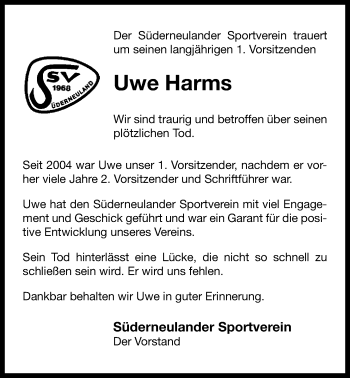 Traueranzeige von Uwe Harms 