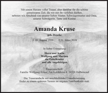 Traueranzeige von Amanda Kruse 