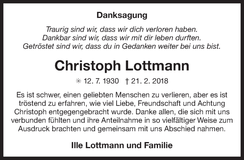  Traueranzeige für Christoph Lottmann vom 21.04.2018 aus 