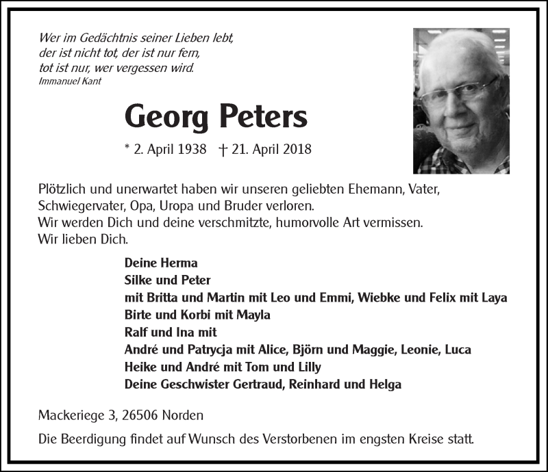  Traueranzeige für Georg Peters vom 25.04.2018 aus 