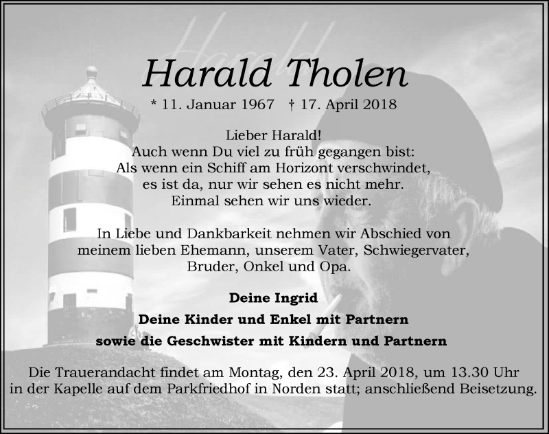  Traueranzeige für Harald Tholen vom 20.04.2018 aus 