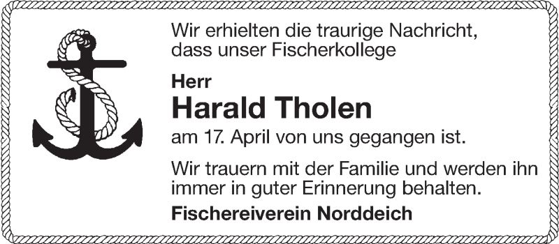  Traueranzeige für Harald Tholen vom 25.04.2018 aus 