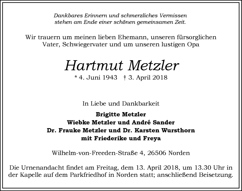  Traueranzeige für Hartmut Metzler vom 06.04.2018 aus 