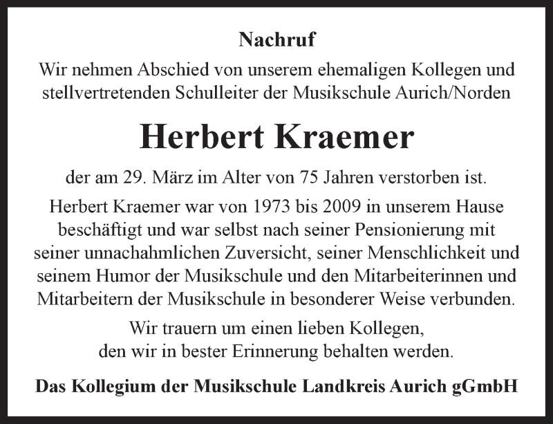  Traueranzeige für Herbert Kraemer vom 07.04.2018 aus 