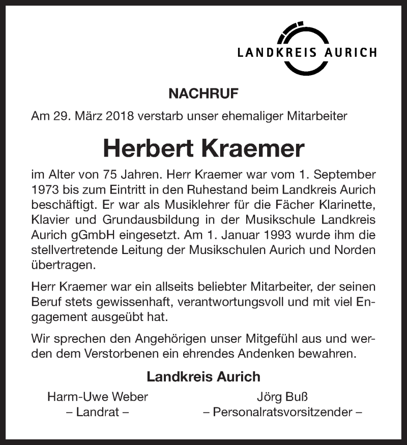  Traueranzeige für Herbert Kraemer vom 07.04.2018 aus 