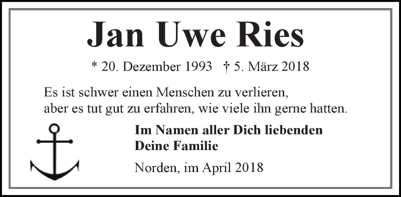  Traueranzeige für Jan Uwe Ries vom 21.04.2018 aus 
