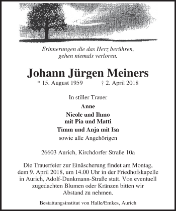 Traueranzeige von Johann Jürgen Meiners 