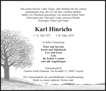Traueranzeige von Karl Hinrichs 
