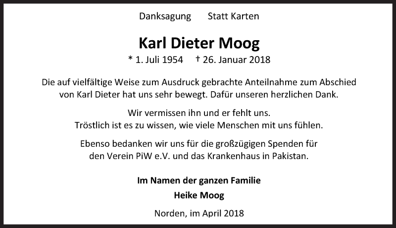  Traueranzeige für Karl Dieter Moog vom 14.04.2018 aus 