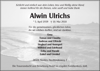 Traueranzeige von Alwin Ulrichs 