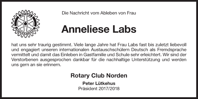  Traueranzeige für Anneliese Labs vom 26.05.2018 aus 