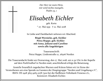 Traueranzeige von Elisabeth Eichler 
