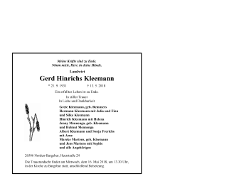 Traueranzeige von Gerd Hinrichs Kleemann 