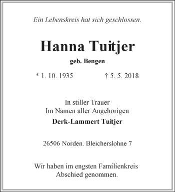 Traueranzeige von Hanna Tuitjer 
