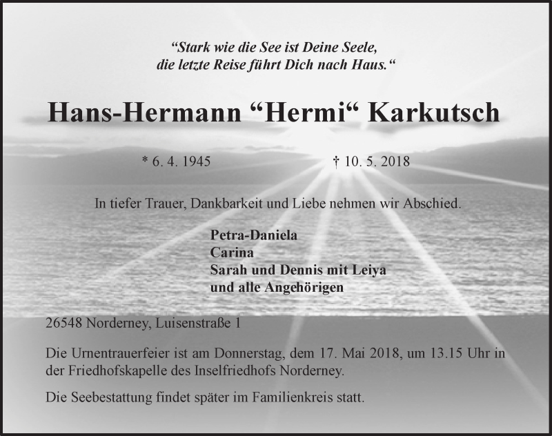  Traueranzeige für Hans-Hermann Karkutsch vom 15.05.2018 aus 