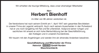 Traueranzeige von Herbert Bienhoff 