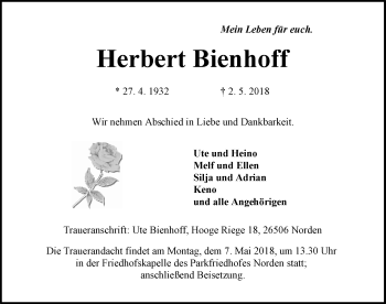 Traueranzeige von Herbert Bienhoff 