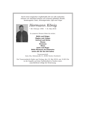 Traueranzeige von Hermann König 