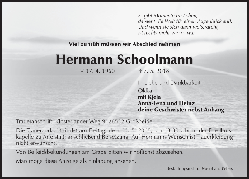  Traueranzeige für Hermann Schoolmann vom 09.05.2018 aus 