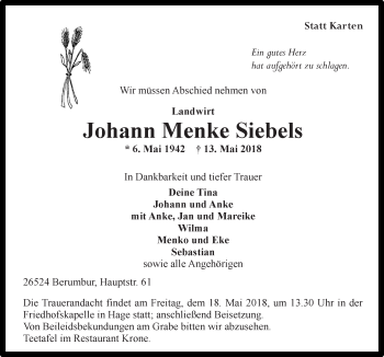 Traueranzeige von Johann Menke Siebels 