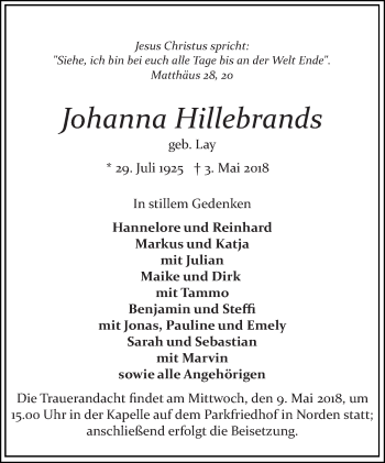 Traueranzeige von Johanna Hillebrands 