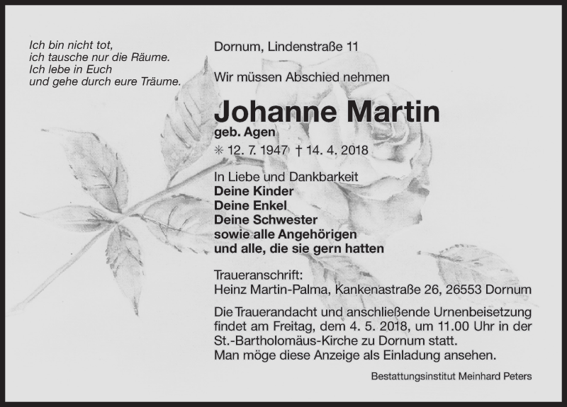  Traueranzeige für Johanne Martin vom 02.05.2018 aus 