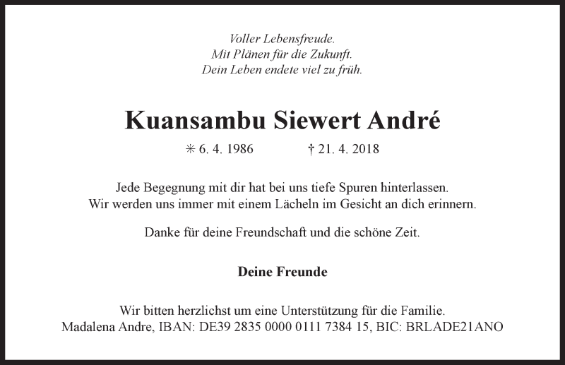  Traueranzeige für Kuansambu Siewert André vom 05.05.2018 aus 