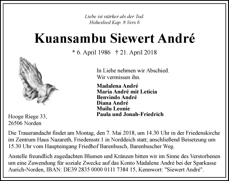  Traueranzeige für Kuansambu Siewert André vom 04.05.2018 aus 