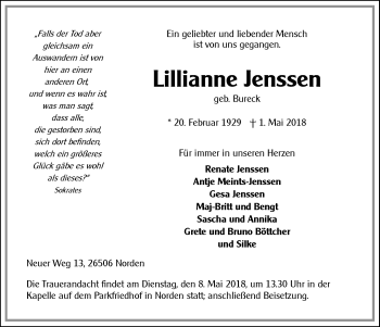 Traueranzeige von Lillianne Jenssen 