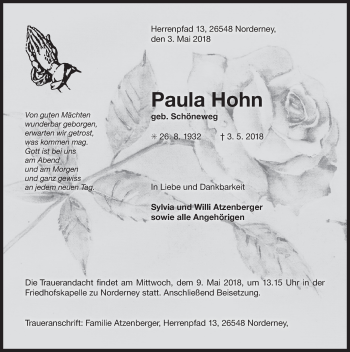 Traueranzeige von Paula Hohn 