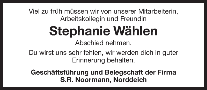  Traueranzeige für Stephanie Wählen vom 17.05.2018 aus 