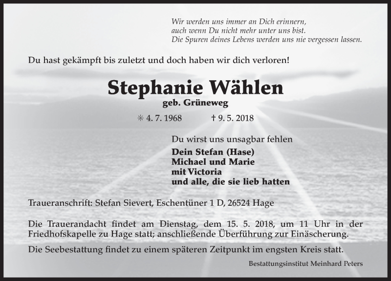  Traueranzeige für Stephanie Wählen vom 12.05.2018 aus 