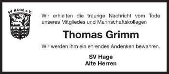 Traueranzeige von Thomas Grimm 