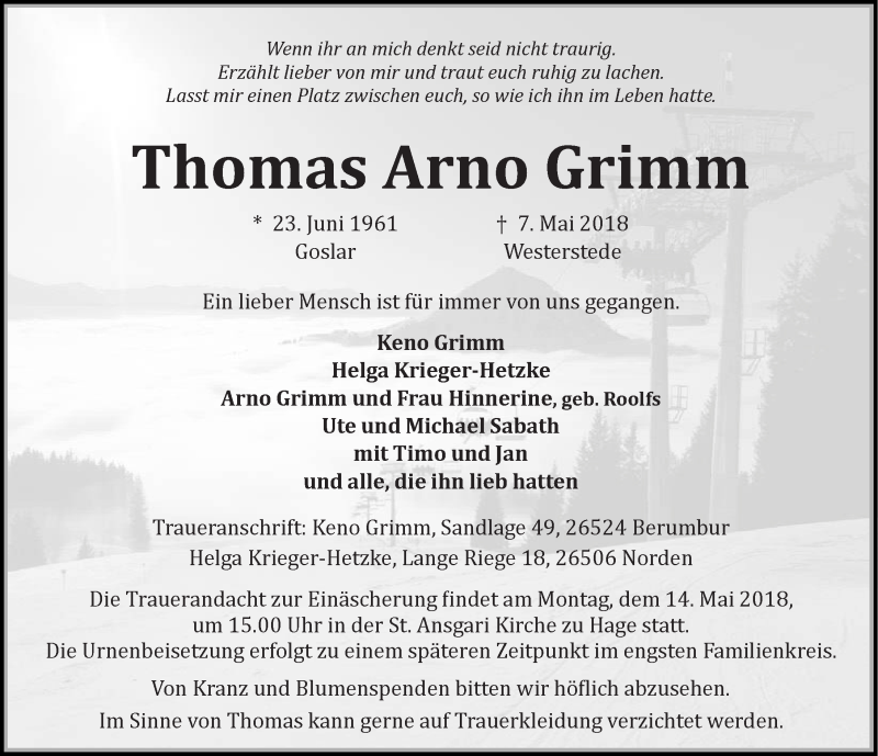 Traueranzeige für Thomas Arno Grimm vom 11.05.2018 aus 