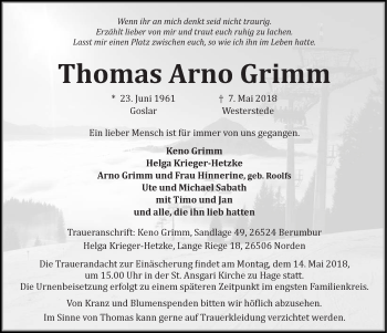 Traueranzeige von Thomas Arno Grimm 