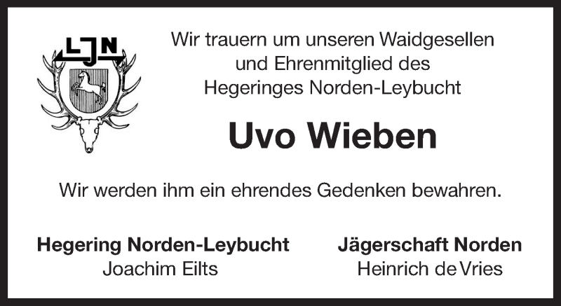  Traueranzeige für Uvo Wieben vom 15.05.2018 aus 