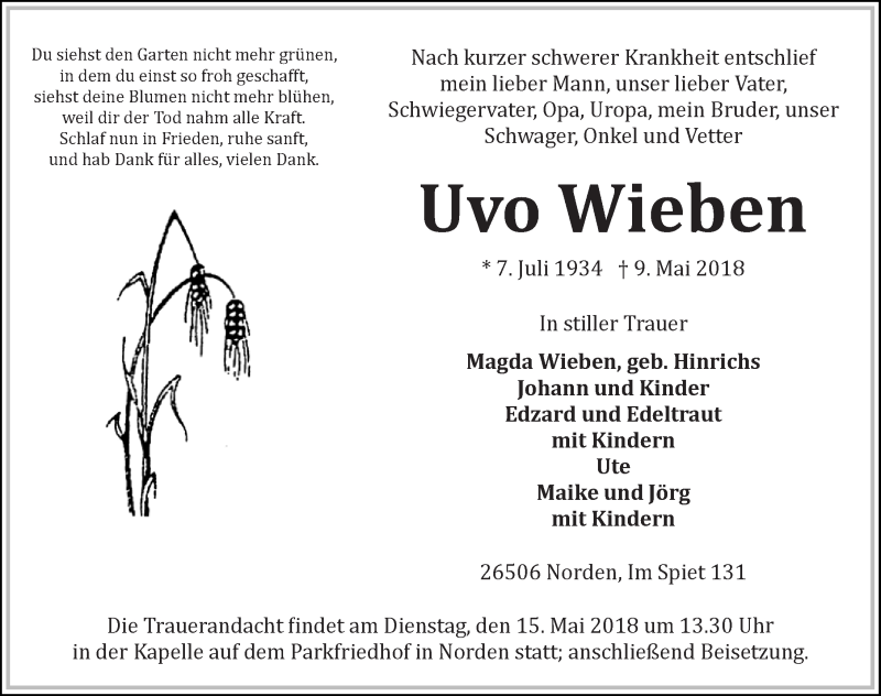  Traueranzeige für Uvo Wieben vom 12.05.2018 aus 