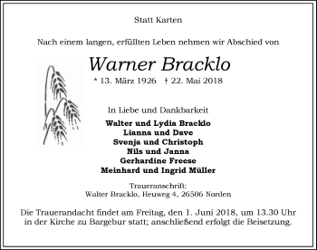 Traueranzeige von Warner Bracklo 
