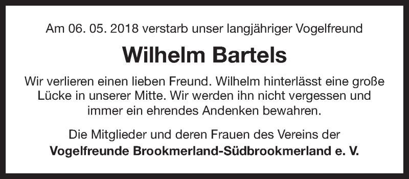  Traueranzeige für Wilhelm Bartels vom 12.05.2018 aus 