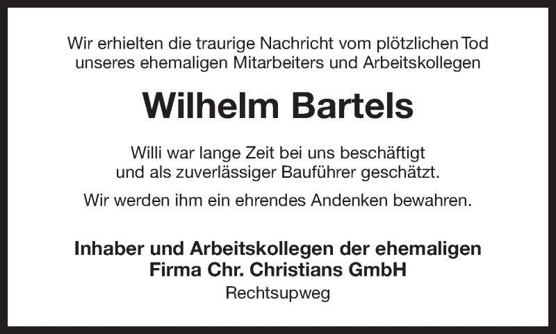  Traueranzeige für Wilhelm Bartels vom 12.05.2018 aus 