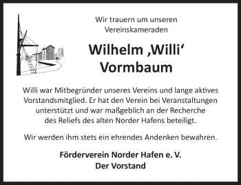 Traueranzeige von Wilhelm Vormbaum 
